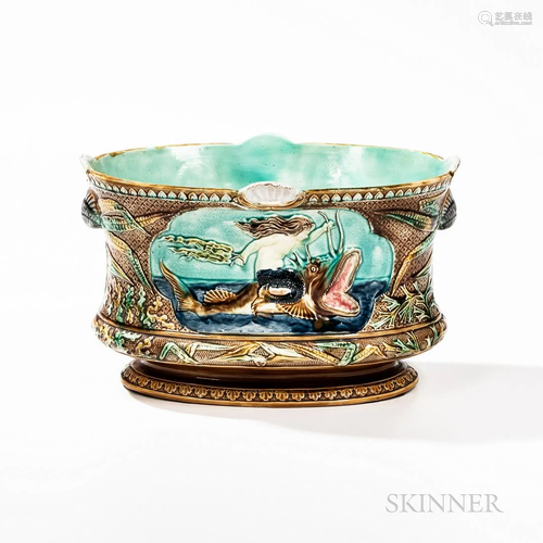 Majolica Mermaid Jardinere, c. 1870, oval shape with cartouc...