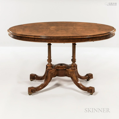 Georgian Burl Walnut Tilt-top Table, c. 1850, oval top with ...