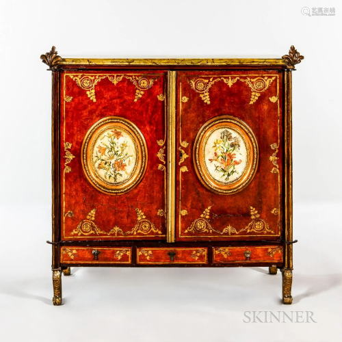 Venetian Red-lacquer and Giltwood Side Cabinet, incised faux...