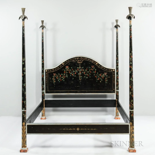 Custom Painted Four Poster Bed, black ground polychrome deco...