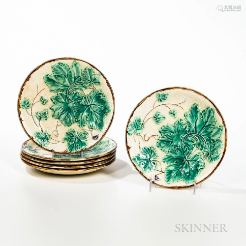 Six Majolica Leaf Plates, France, c. 1880, molded in relief ...
