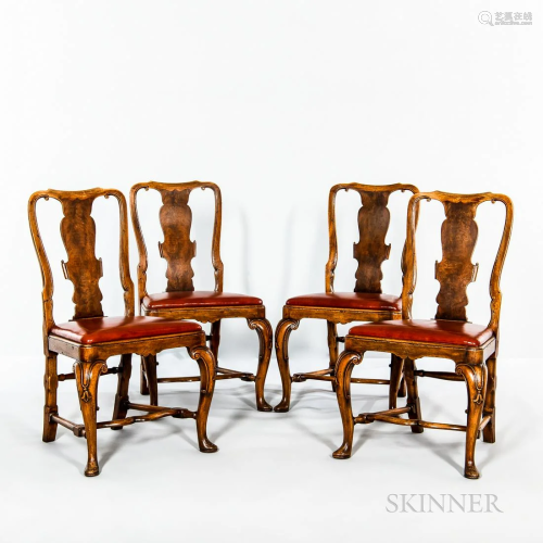 Four Queen Anne-style Walnut Side Chairs, 20th century, each...