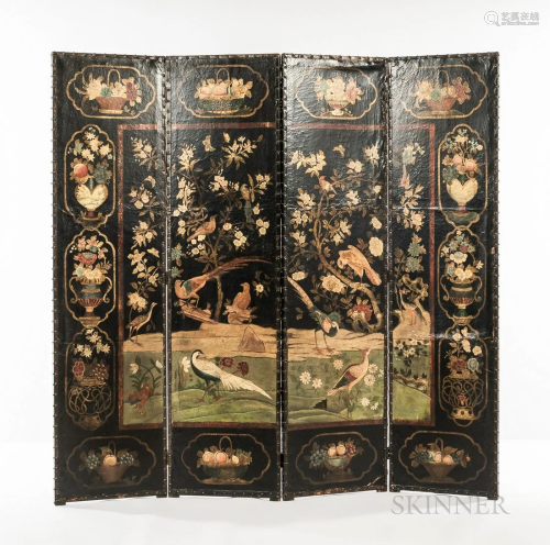 Dutch Four-panel Painted Leather Screen, late 18th/early 19t...