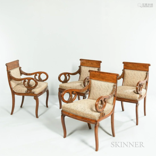 Set of Four Regency Mahogany Open Armchairs, England, carved...