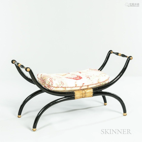 Black Lacquer Regency Bench, gilt details, purple and gold s...