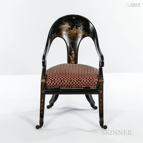 Regency Black and Gilt Japanned Spoon-back Armchair, 19th ce...