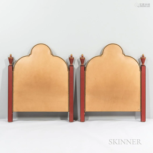 Pair of Twin Headboards, late 20th century, brass studded le...