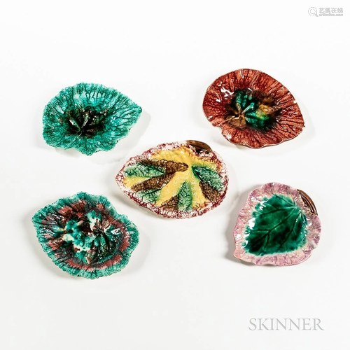 Five Majolica Leaf Dishes, c. 1880, each naturalistically mo...