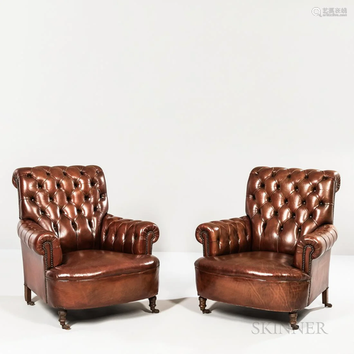 Pair of Victorian Leather Club Chairs, each with tufted back...