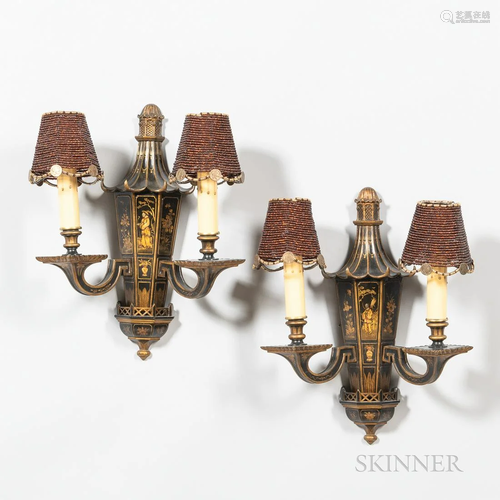 Pair of Chinoiserie Ebonized and Gilded Sconces, two-light w...