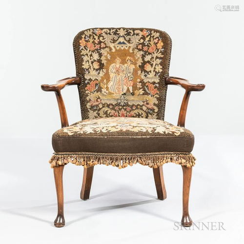 Queen Anne-style Needlepoint Upholstered Walnut Armchair, En...