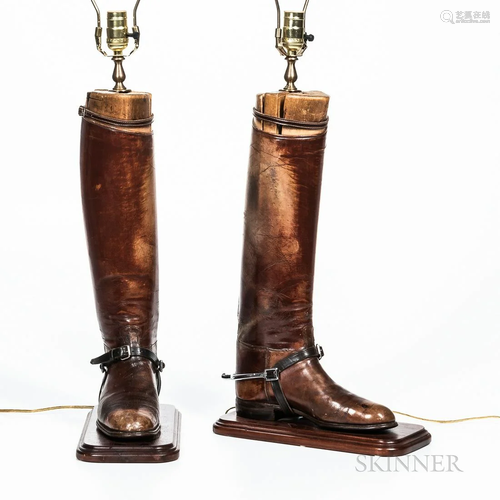 Pair of Boot Lamps, leather riding boots with spurs supporte...