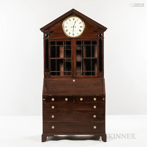 George III Mahogany Bureau Bookcase with Clock, c. 1780, clo...