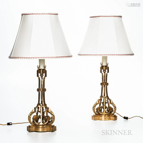 Pair of Gilt Bronze Nautical Candle Lamps, 20th century, scr...