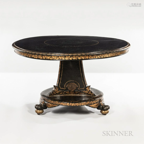 Early Victorian Black and Gilt Papier-mâché Center Table, En...