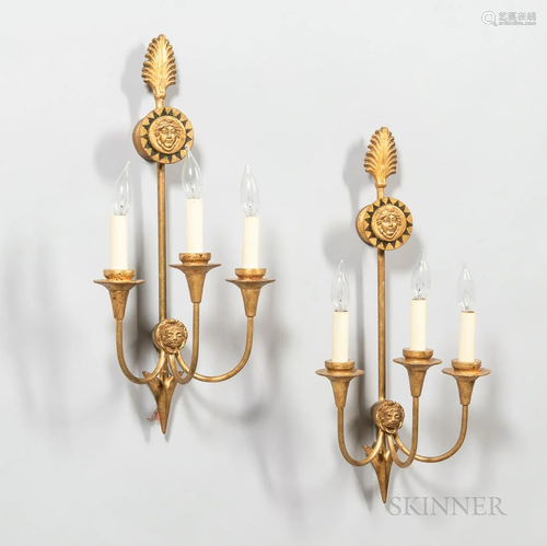 Pair of Reproduction Empire-style Giltwood Three-light Sconc...