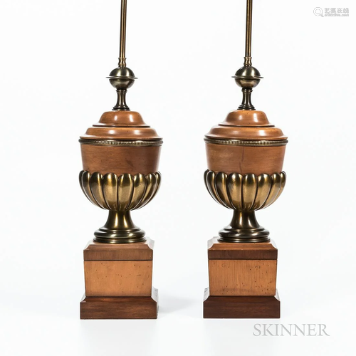 Pair of Wood and Brass Table Lamps, late 20th century, turne...