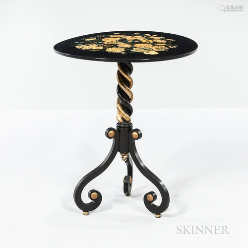 Chinese Export Black and Gilt Lacquer Carved Tripod Table, l...