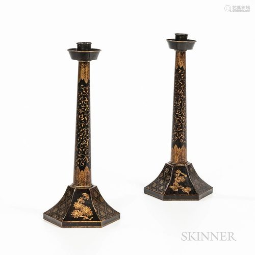 Pair of Chinese Black Lacquer Candlesticks, hand-painted gil...