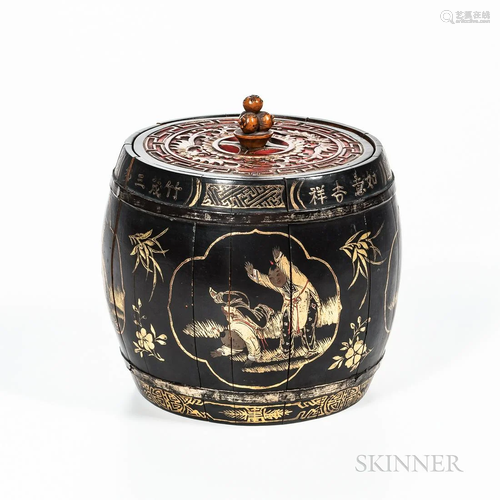 Chinese Black and Gilt Decorated Wood Container and Cover, 1...