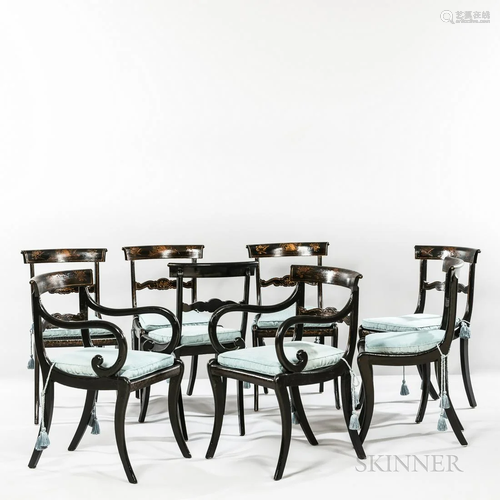 Set of Eight Late Regency Black Lacquer Dining Chairs, c. 18...