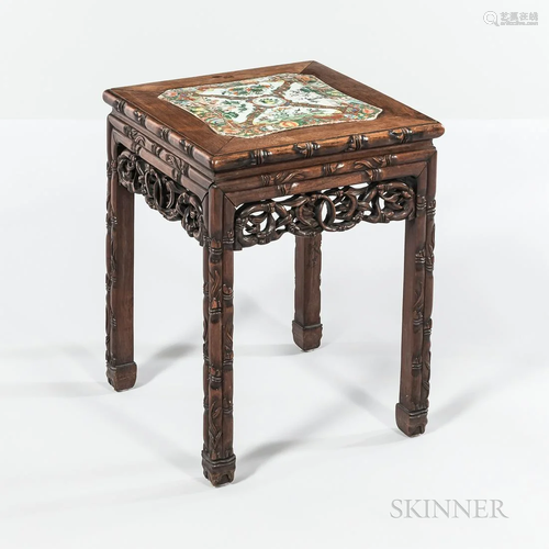 Rose Canton Porcelain Inset Carved Side Table, China, 19th c...