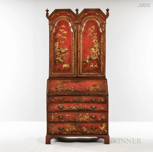 Georgian Red Lacquer Japanned Secretaire, early 18th century...