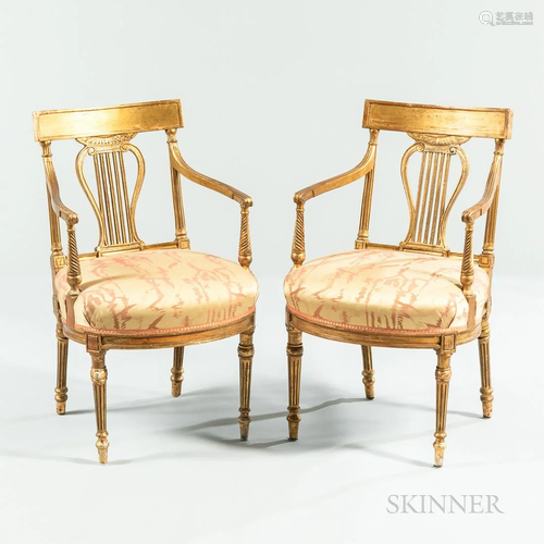 Pair of George III-style Lyre-back Giltwood Open Armchairs, ...