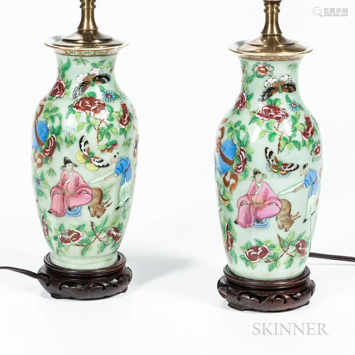 Pair of Chinese Celedon Lamp Bases, 19th century, each polyc...