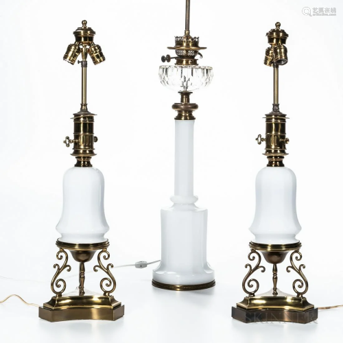 Three Brass and Milk Glass Table Lamps, late 20th century, a...