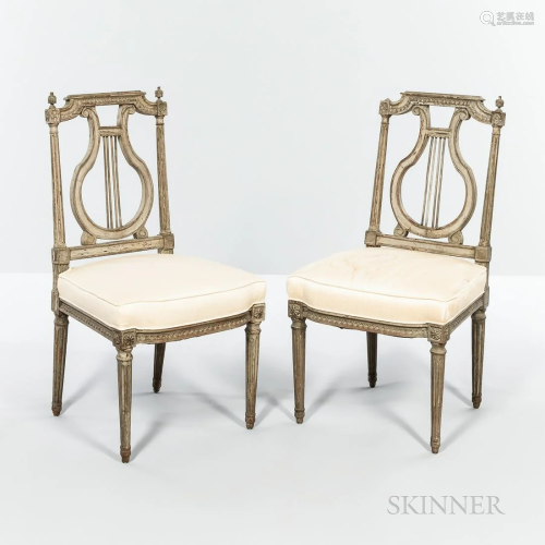 Pair of Gray-painted Lyre-back Side Chairs, 18th/19th centur...