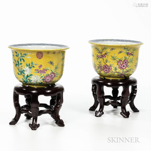 Pair of Chinese Famille Jeune Jardenieres on Stands, 19th ce...