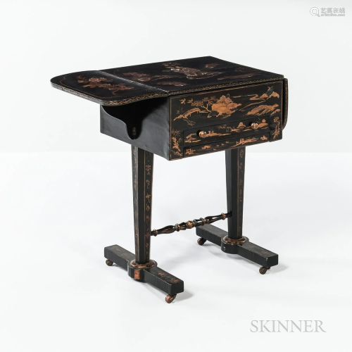 Japanned Drop-leaf Work Table, 19th century, landscape and f...