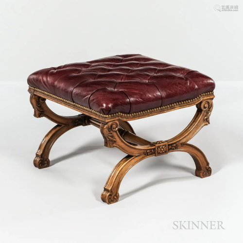 Early Victorian Walnut Leather-top Stool, 19th century, squa...