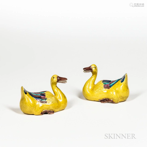 Pair of Chinese Porcelain Ducks, yellow ground with polychro...