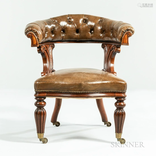 William IV Leather Upholstered Open Armchair, tufted back, b...