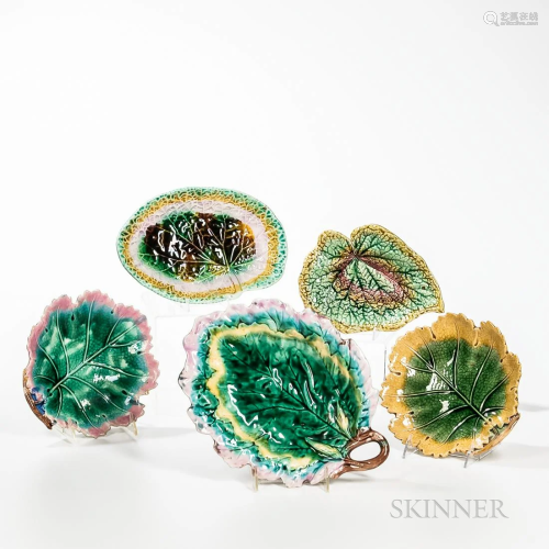 Five Majolica Leaf-shaped Dishes, England and Pennsylvania, ...