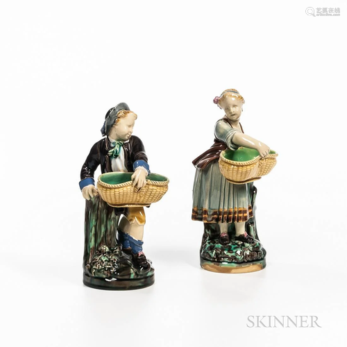 Pair of Minton Majolica Figural Salt Cellars, England, c. 18...