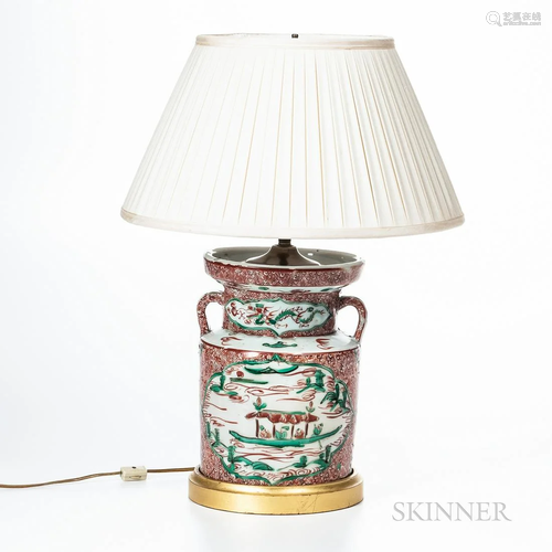 Chinese Porcelain Lamp, jar mounted as lamp on giltwood stan...