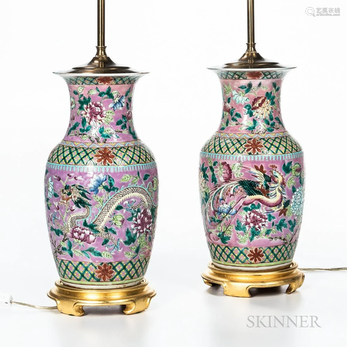 Pair of Chinese Pink Ground Porcelain Lamps, late 19th centu...