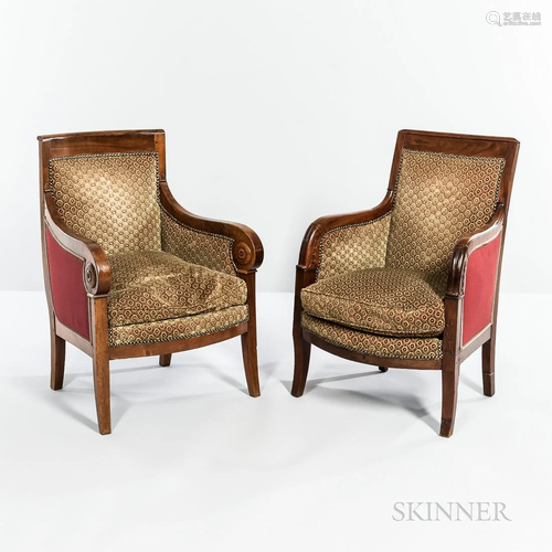 Two Upholstered Mahogany Armchairs, France, brass studded an...