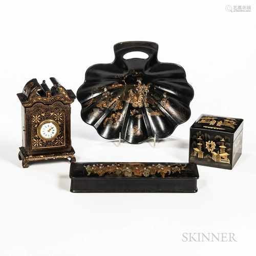 Four Black Lacquer Table Items, 19th century, each decorated...