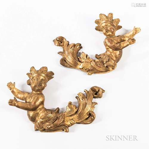 Pair of Carved Giltwood Cherub Wall Hangings, 19th century, ...