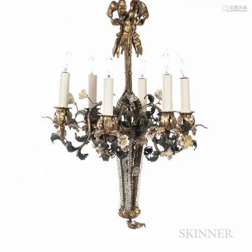 Six Light Porcelain Mounted Gilt Brass Chandelier, electrifi...