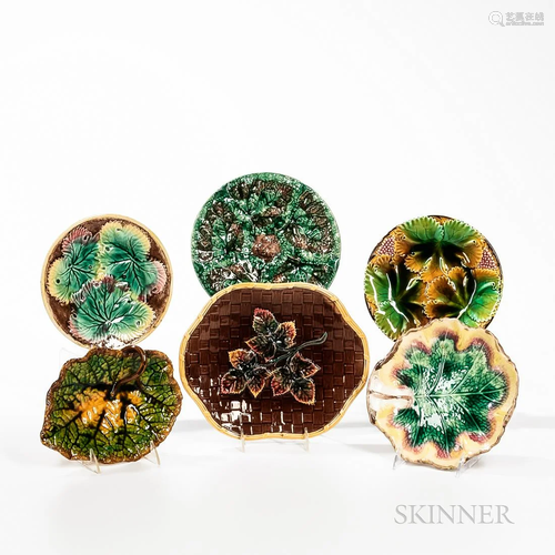 Six Majolica Leaf-decorated Dishes late 19th century, a lobe...