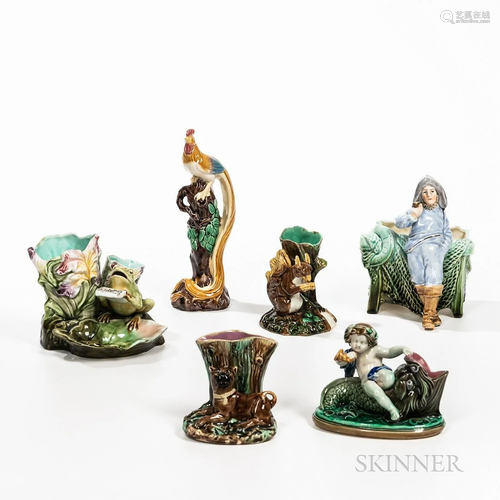 Six Majolica Figural Items, late 19th century, each polychro...