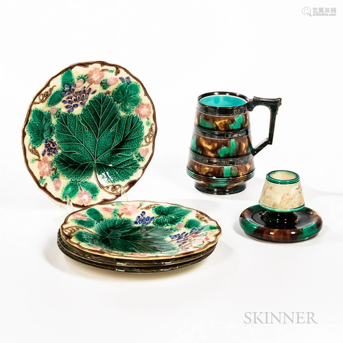 Six Wedgwood Majolica Items, England, a silver mounted mug, ...