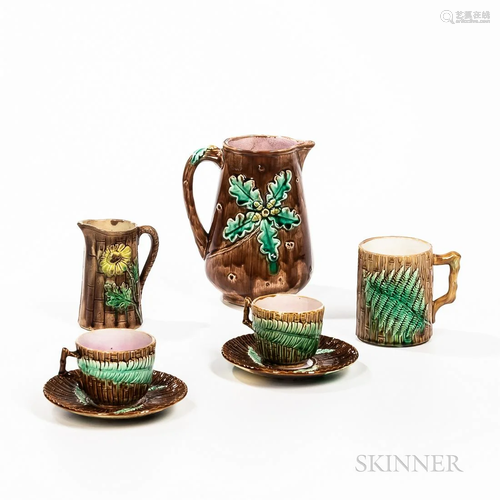 Five Majolica Table Items, England, four with molded bamboo ...