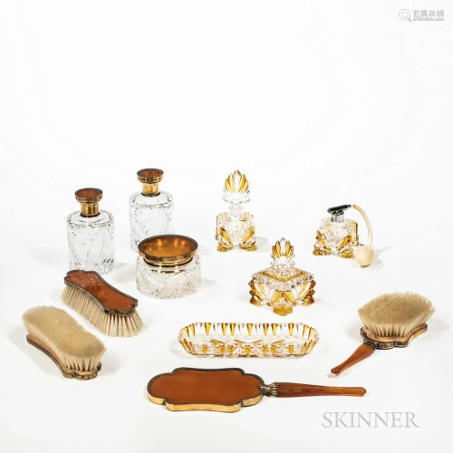 Eleven Amber Colored Dresser Items, cut-glass including a pa...