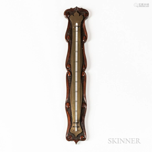 Wood and Brass Thermometer, 19th century, scroll carved case...